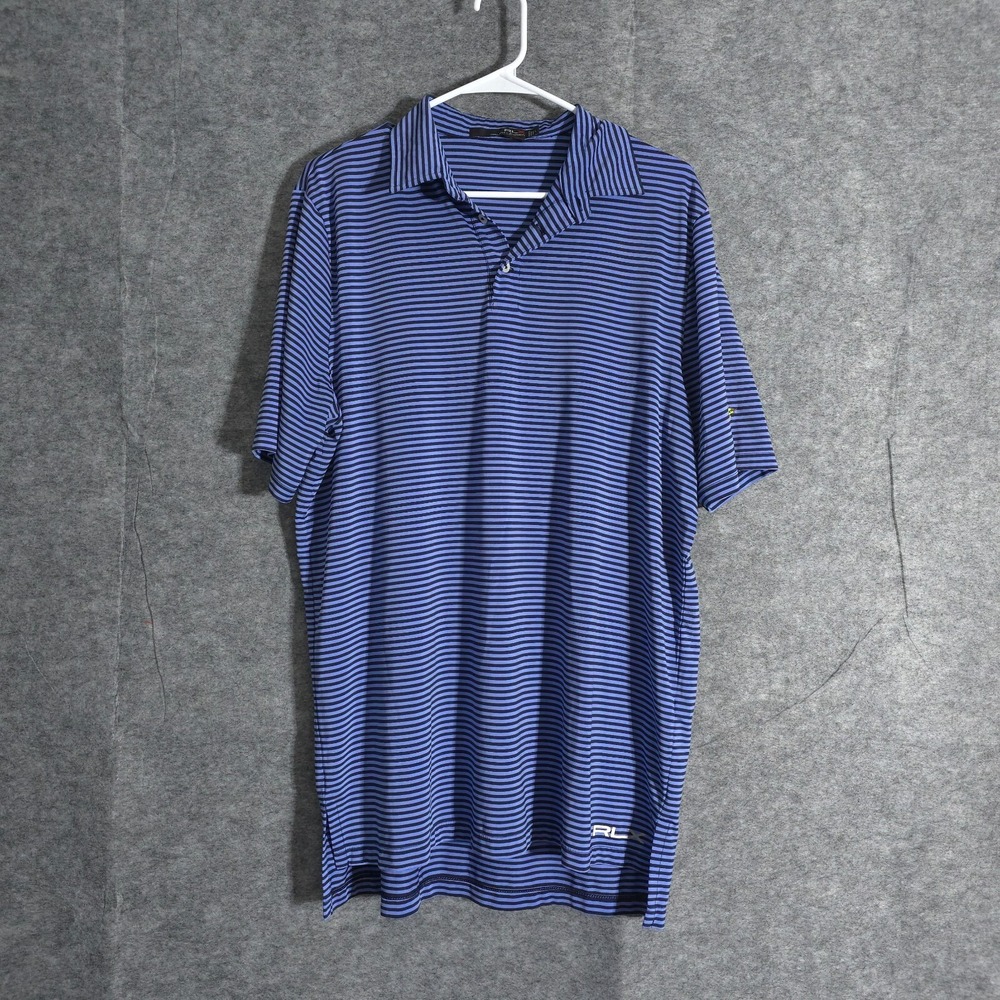 RLX Golf Performance Wicking Polo Shirt Mens Sz Large Blue Striped Ralph Lauren